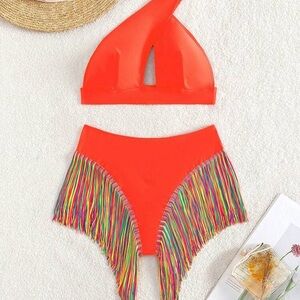 SHEIN Orange Bikini with Multicolor Fringe